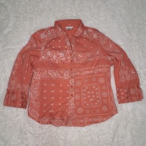 Coldwater Creek Paisley Bandana Print Western Coral Color Top Blouse Button Up